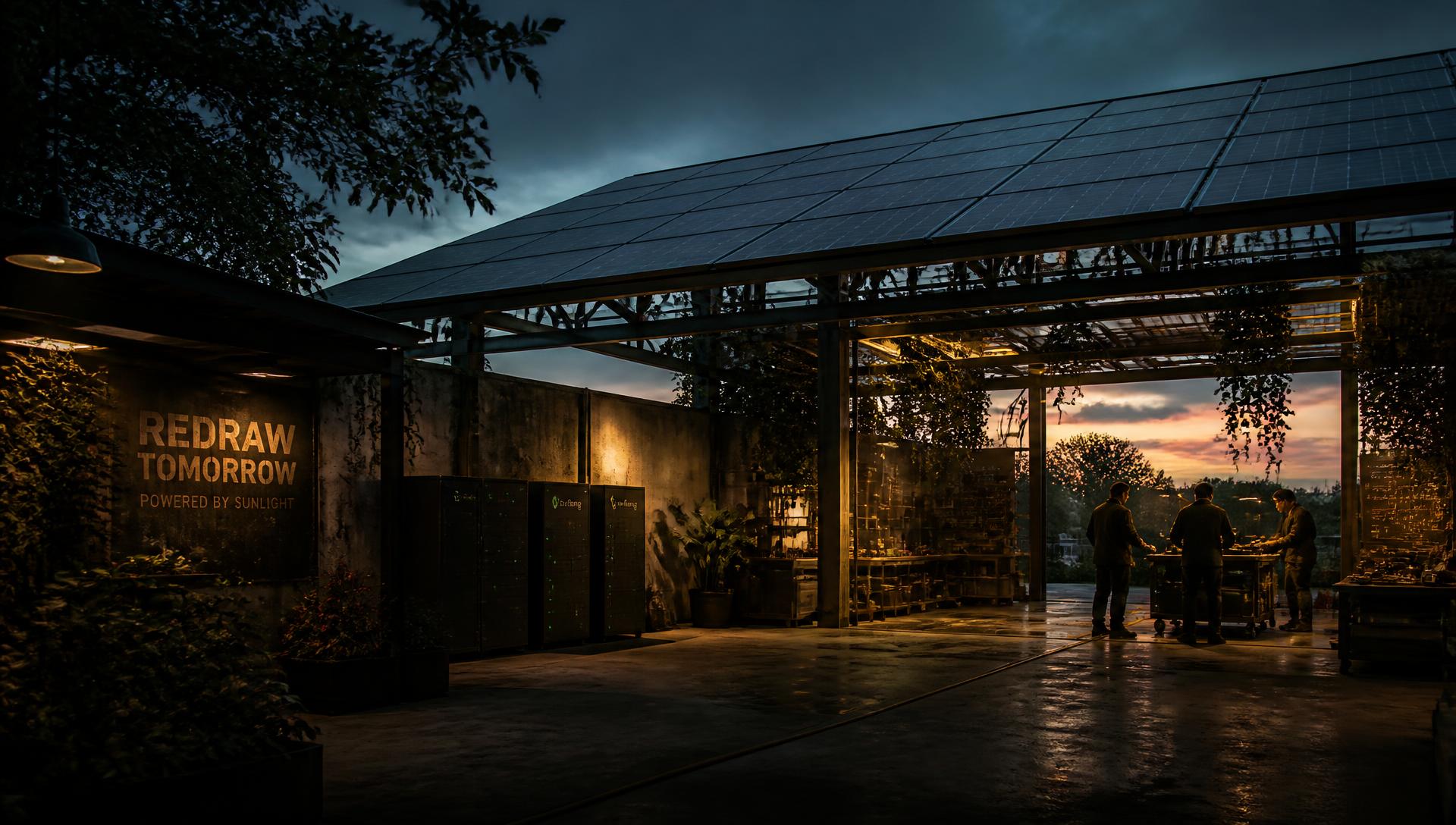Solar-canopied community workshop courtyard at dusk